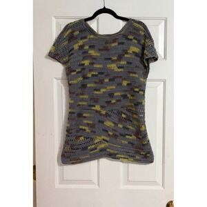Handmade Crocheted Top Womens M/L Grey Yellow‎ Brown Excellent Boho Knit Shirt